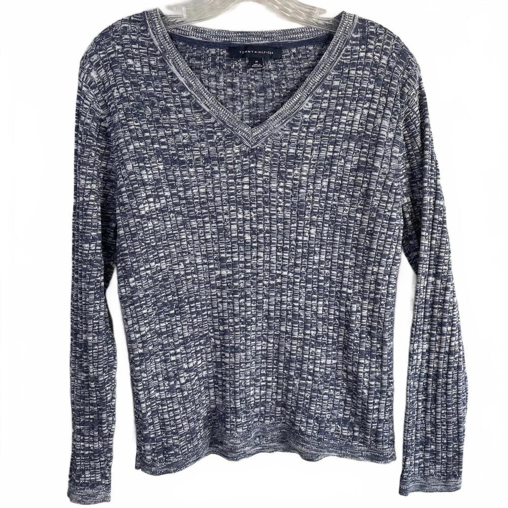 Tommy Hilfiger 100% Cotton Blue Ribbed V-Neck Pullover Sweater
